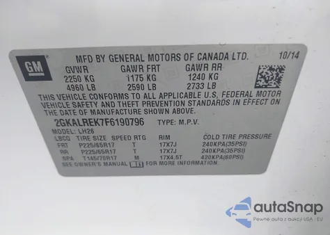 2015 GMC Terrain Sle-2 z USA, uszkodzony, nr VIN 2GKALREK7F6190796